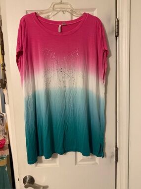 Cato Pink to Teal Ombre Short Sleeve Top with Rhinestone Accent